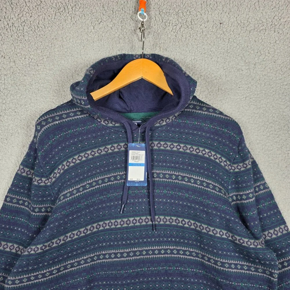 Izod Sweater Mens Size XL Navy Green Cable Knit‎ Fairisle Hoodie Classic Chunky